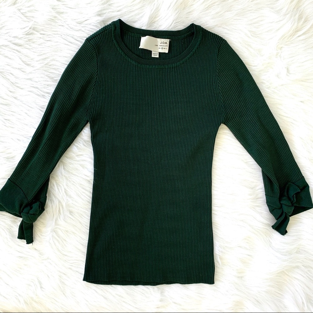 JOA Green Ribbed Knit Tie Bow Sleeve Sweater Top